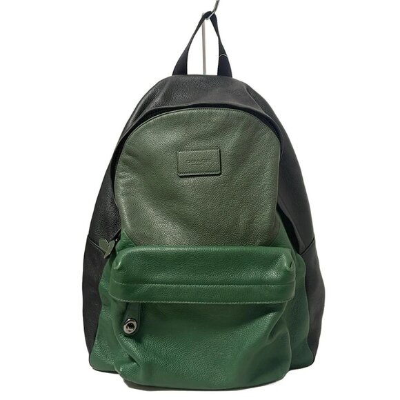 Auth COACH Patchwork Pebble Leather Campus Backpack 72239 Black Dark Green Khaki - Picture 2 of 10